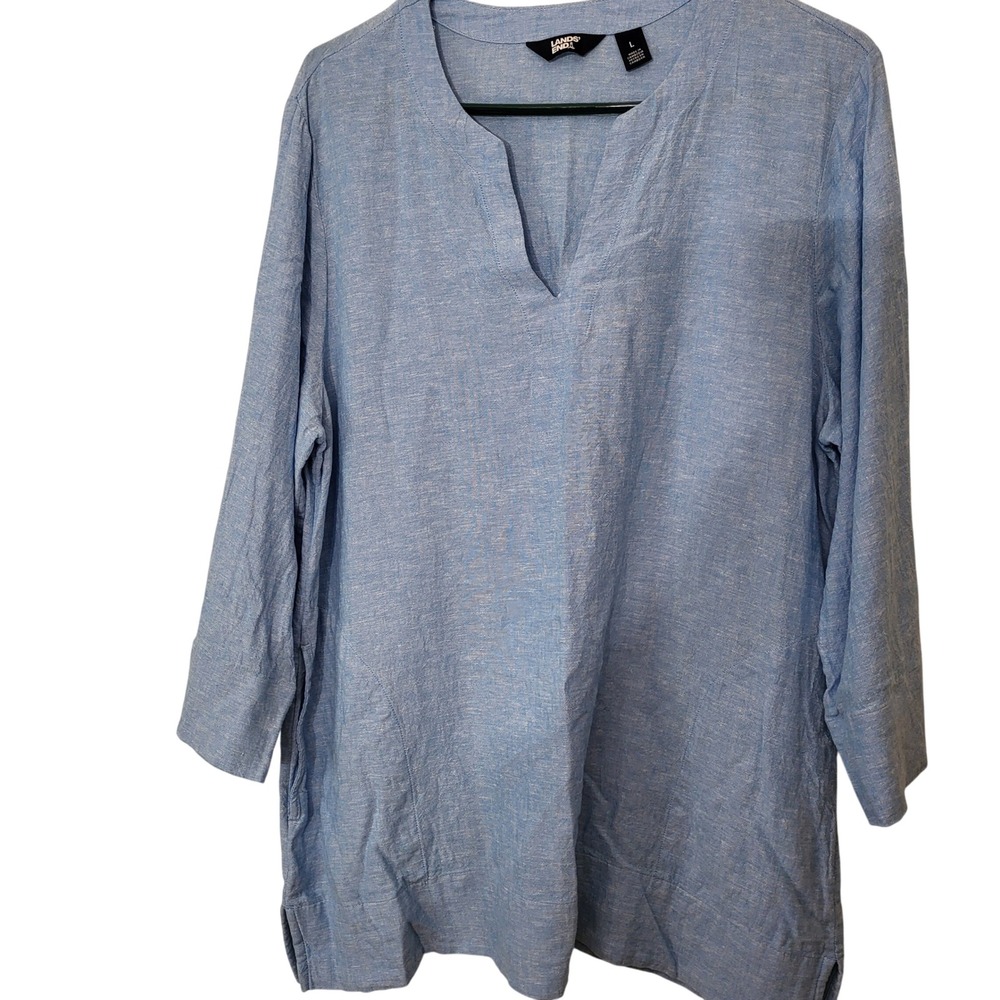 Lands‎ End Womens Blue Linen Blend V Neck 3/4 Sleeve Tunic Top Size L